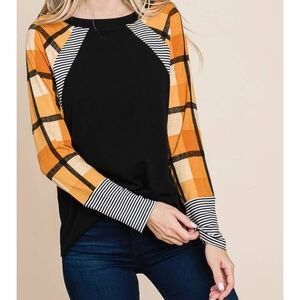 Emerald Black Top with Orange/Yellow Plaid and Striped Sleeves